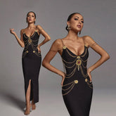 VESTIDO MAXI LILLY con CADENAS DORADAS y ABERTURA DELANTERA